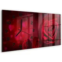 Tulup Wandklok - Rode rozenhart Glazen Klok Met Print - 60x30 cm - Rood Wandklok Glas Met Motief - Zwarte handen - Rechthoekige Klok - Wandklok Glas Decoratie - Gekleurde Glazen Klok