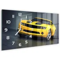 Tulup Wandklok - Sportwagen Glazen Klok Met Print - 60x30 cm - Geel Wandklok Glas Met Motief - Witte handen - Rechthoekige Klok - Wandklok Glas Decoratie - Gekleurde Glazen Klok