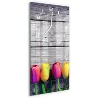 Tulup Wandklok - Tulpen op hout Decoratieve Glazen Klok - 30x60 cm - Veelkleurig Glazen Wandklok Design - Witte handen - Rechthoekige Klok - Glazen Klok Met Print - Wandklok Glas Met Motief