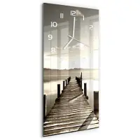 Tulup Wandklok - Houten brug Decoratieve Glazen Klok - 30x60 cm - Bruin Glazen Wandklok Design - Witte handen - Rechthoekige Klok - Glazen Klok Met Print - Wandklok Glas Met Motief