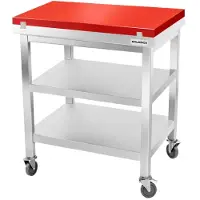 GOLDINOX Werkblad van roestvrij staal, 800x600 mm, met rode snijplank en 2 wielen, PREMIUM -