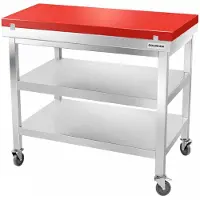 GOLDINOX Werkblad van roestvrij staal, 1200x700 mm, met rode snijplank en 2 wielen, PREMIUM -