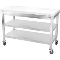 GOLDINOX Werkblad van roestvrij staal, 1500x700 mm, met wit snijblad en 2 wielen, PREMIUM -