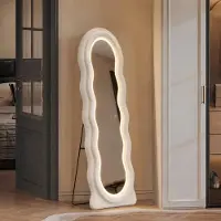 UnboxG staande spiegel 150 x 45 cm, wit, met LED-verlichting, spiegel voor het hele lichaam in golfvorm, met fluwelen bekleding, 3 lichtkleuren, grote staande spiegel voor slaapkamer en woonkamer