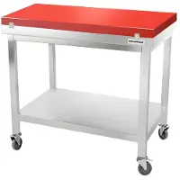 GOLDINOX Werkblad van roestvrij staal, 1000x700 mm, met rode snijplank, op wielen, PREMIUM -