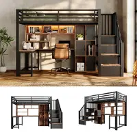 ALFORIGO Hoogslaper 90x200 cm met bureau, opbergruimte in de trap, planken en kasten, LED-verlichting bedienbaar via touch of app, metaal + MDF, draagvermogen 120 kg, zonder matras, zwart