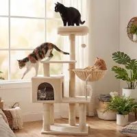 Merkloos Krabpaal 111 cm, hangmat, speelgoed, sisal krabstammen, platform, beige kattenboom voor binnen