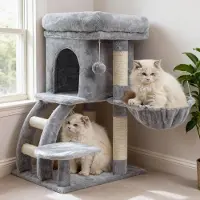 Merkloos Krabpaal 75 cm, lichtgrijs, met platform, hol, hangmat, ladder en speelgoed, voor katten