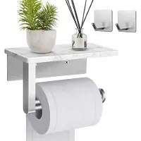 Unyqoos Toiletrolhouder van roestvrij staal - Wandhouder voor toiletpapier met marmeren element, zilverkleurig, geschikt voor keuken en badkamer