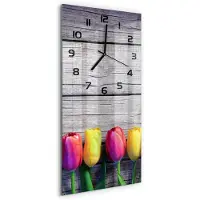 Tulup Wandklok - Tulpen op hout Wandklok Glas Met Motief - 30x60 cm - Veelkleurig Decoratieve Glazen Klok - Zwarte handen - Rechthoekige Klok - Gekleurde Glazen Klok - Glazen Klok Met Print