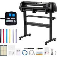 Vevor vinylsnijmachine met een maximale invoerbreedte van 87 cm, dubbele messen en LED-display, een instelbare vinylsnijplotter-set met stickerbladen, transferfolie en Signmaster-software