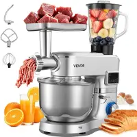 Vevor multifunctionele keukenmachine, elektrisch, 1500W, met roestvrijstalen kom (5,7 liter) en mengbeker (1,5 liter), deegmixer met 6+ snelheden, knedigarmen, garde en platte roerhaken
