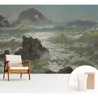 Wallfluent Fotobehang - Grijs Vliesbehang - 312x219 cm - Stormachtige Zee Fotobehang Vlies - Woonkamer behang Landschappen - Muurschildering - Woonkamer behang