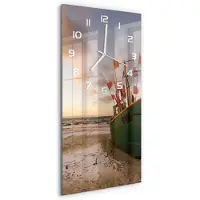 Tulup Wandklok - Strand met vissersboten Gekleurde Glazen Klok - 30x60 cm - Groente Glazen Klok Met Print - Witte handen - Rechthoekige Klok - Moderne Wandklok Glas - Wandklok Glas Decoratie