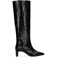 Manfield Zwarte leren hoge laarzen met croco print | Maat 38