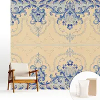 Wallfluent Fotobehang - Beige Vliesbehang - 250x250 cm - Blauwe Ornamenten Fotobehang Vlies - Hal behang Achtergronden En Patronen - Muurschildering - Woonkamer behang