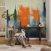 Coloray Vliesbehang - Oranje Snellijm Behang - 416x254 cm - Abstracte Stad Muurschildering - Slaapkamer behang Architectuur - Fotobehang Vlies - Slaapkamer behang