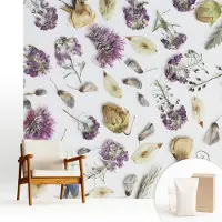 Wallfluent Fotobehang - Wit Vliesbehang - 250x250 cm - Gedroogde Bloemen Muurschildering - Slaapkamer behang Bloemen En Planten - Fotobehang Vlies - Slaapkamer behang