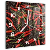 Tulup Wandklok - Chilipepers Gekleurde Glazen Klok - 30x30 cm - Rood Glazen Klok Met Print - Witte handen - Vierkante Klok - Moderne Wandklok Glas - Wandklok Glas Decoratie