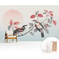 Wallfluent Fotobehang - Roze Vliesbehang - 416x254 cm - Zittende Vogels Muurschildering - Slaapkamer behang Dieren - Fotobehang Vlies - Slaapkamer behang
