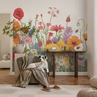 Coloray Vliesbehang - Geel Snellijm Behang - 152x104 cm - Bloemenweide Fotobehang Vlies - Woonkamer behang Bloemen En Planten - Muurschildering - Hal behang