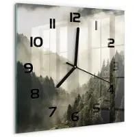 Tulup Wandklok - Mist boven het bos Klok Glas Met Opdruk - 30x30 cm - Zwart-wit Moderne Wandklok Glas - Zwarte handen - Vierkante Klok - Decoratieve Glazen Klok - Glazen Wandklok Design