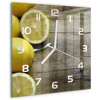 Tulup Wandklok - Citroenen op hout Decoratieve Glazen Klok - 30x30 cm - Geel Glazen Wandklok Design - Witte handen - Vierkante Klok - Glazen Klok Met Print - Wandklok Glas Met Motief