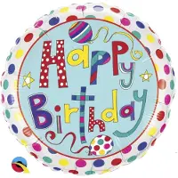 Qualatex Happy Birthday (gelukkige Verjaardag) folieballon FUNtastic polkadotQualatex, plat formaat van 46 cm, design van Rachel Ellen *op is op .