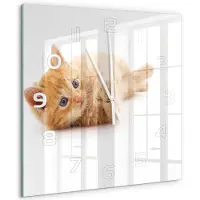 Tulup Wandklok - Rode Kat Wandklok Glas Met Motief - 60x60 cm - Oranje Decoratieve Glazen Klok - Witte handen - Vierkante Klok - Gekleurde Glazen Klok - Glazen Klok Met Print
