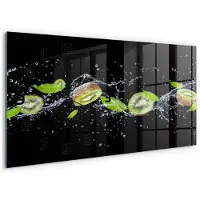 Tulup Wandklok - Kiwi en water Klok Glas Met Opdruk - 60x30 cm - Groente Moderne Wandklok Glas - Zwarte handen - Rechthoekige Klok - Decoratieve Glazen Klok - Glazen Wandklok Design