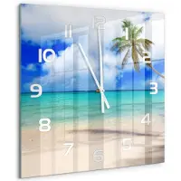Tulup Wandklok - Caribisch strand Moderne Wandklok Glas - 60x60 cm - Blauw Wandklok Glas Decoratie - Witte handen - Vierkante Klok - Glazen Wandklok Design - Klok Glas Met Opdruk