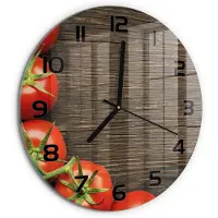 Tulup Wandklok - Tomaten op hout Wandklok Glas Met Motief - fi30 cm - Rood Decoratieve Glazen Klok - Zwarte handen - Ronde Klok - Gekleurde Glazen Klok - Glazen Klok Met Print