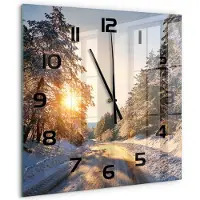 Tulup Wandklok - Een straat in het Winterbos. Glazen Klok Met Print - 60x60 cm - Geel Wandklok Glas Met Motief - Zwarte handen - Vierkante Klok - Wandklok Glas Decoratie - Gekleurde Glazen Klok