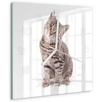 Tulup Wandklok - Kat Gekleurde Glazen Klok - 30x30 cm - Bruin Glazen Klok Met Print - Witte handen - Vierkante Klok - Moderne Wandklok Glas - Wandklok Glas Decoratie