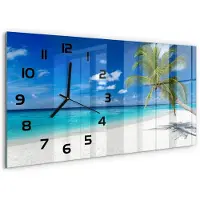 Tulup Wandklok - Tropisch strand Klok Glas Met Opdruk - 60x30 cm - Blauw Moderne Wandklok Glas - Zwarte handen - Rechthoekige Klok - Decoratieve Glazen Klok - Glazen Wandklok Design