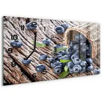 Tulup Wandklok - Bosbessen in een mand Wandklok Glas Decoratie - 60x30 cm - Blauw Gekleurde Glazen Klok - Zwarte handen - Rechthoekige Klok - Klok Glas Met Opdruk - Moderne Wandklok Glas