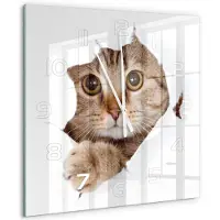Tulup Wandklok - Kat Glazen Klok Met Print - 60x60 cm - Beige Wandklok Glas Met Motief - Witte handen - Vierkante Klok - Wandklok Glas Decoratie - Gekleurde Glazen Klok