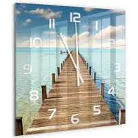 Tulup Wandklok - Houten brug Wandklok Glas Met Motief - 60x60 cm - Blauw Decoratieve Glazen Klok - Witte handen - Vierkante Klok - Gekleurde Glazen Klok - Glazen Klok Met Print