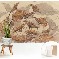 Wallfluent Fotobehang - Beige Vliesbehang - 208x146 cm - Herfstachtige Elegantie Muurschildering - Slaapkamer behang Bloemen En Planten - Fotobehang Vlies - Slaapkamer behang