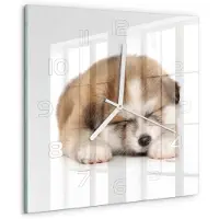 Tulup Wandklok - Akita-puppy Glazen Klok Met Print - 30x30 cm - Oranje Wandklok Glas Met Motief - Witte handen - Vierkante Klok - Wandklok Glas Decoratie - Gekleurde Glazen Klok