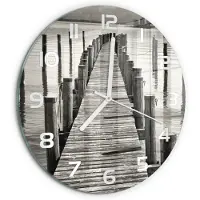 Tulup Wandklok - Houten brug Wandklok Glas Decoratie - fi30 cm - Zwart-wit Gekleurde Glazen Klok - Witte handen - Ronde Klok - Klok Glas Met Opdruk - Moderne Wandklok Glas