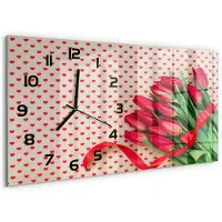 Tulup Wandklok - Tulpenharten Decoratieve Glazen Klok - 60x30 cm - Rood Glazen Wandklok Design - Zwarte handen - Rechthoekige Klok - Glazen Klok Met Print - Wandklok Glas Met Motief