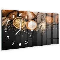 Tulup Wandklok - Brood en tarwe Glazen Klok Met Print - 60x30 cm - Bruin Wandklok Glas Met Motief - Witte handen - Rechthoekige Klok - Wandklok Glas Decoratie - Gekleurde Glazen Klok