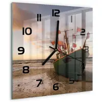 Tulup Wandklok - Strand met vissersboten Moderne Wandklok Glas - 30x30 cm - Groente Wandklok Glas Decoratie - Zwarte handen - Vierkante Klok - Glazen Wandklok Design - Klok Glas Met Opdruk