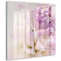 Tulup Wandklok - Witte dahlia Glazen Wandklok Design - 60x60 cm - Paars Klok Glas Met Opdruk - Witte handen - Vierkante Klok - Wandklok Glas Met Motief - Decoratieve Glazen Klok