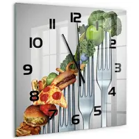 Tulup Wandklok - Vooruitgang in de voeding Gekleurde Glazen Klok - 60x60 cm - Veelkleurig Glazen Klok Met Print - Zwarte handen - Vierkante Klok - Moderne Wandklok Glas - Wandklok Glas Decoratie
