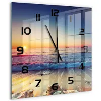 Tulup Wandklok - Zonsopgang boven de zee Wandklok Glas Met Motief - 60x60 cm - Oranje Decoratieve Glazen Klok - Zwarte handen - Vierkante Klok - Gekleurde Glazen Klok - Glazen Klok Met Print