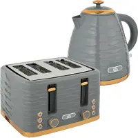 Fortuna Lai Ontbijtset: Waterkoker & Broodrooster. Waterkoker 1,7 liter, Broodrooster met 4 sleuven, 3000W, 7 bruiningsgraden, ontdooien en opwarmen, grijs