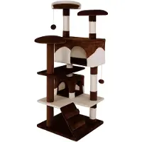 Merkloos Krabpaal 130 cm, 3 platforms, 2 pluche ballen, sisal en pluche, bruin en beige, voor katten