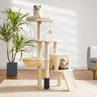 Merkloos Kattenkrabpaal beige, kattenborstel en mand, krabplaat, voor huiskatten